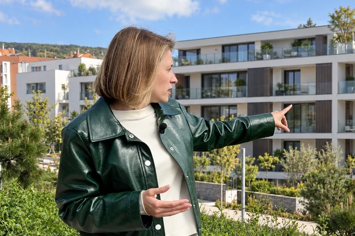 Yulia Noskova, con chaqueta verde, señala un edificio de pisos moderno con balcones y jardín