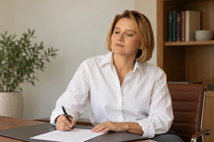 Yulia Noskova firma documentos en una mesa