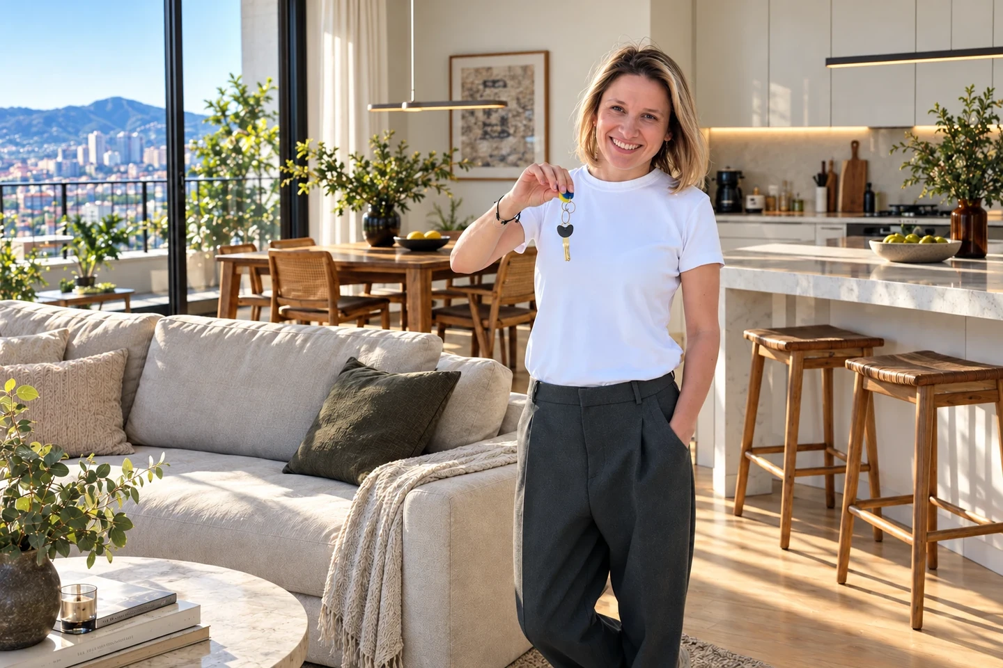Yulia Noskova, real estate agent, holding keys in a bright apartment with a view of Barcelona
