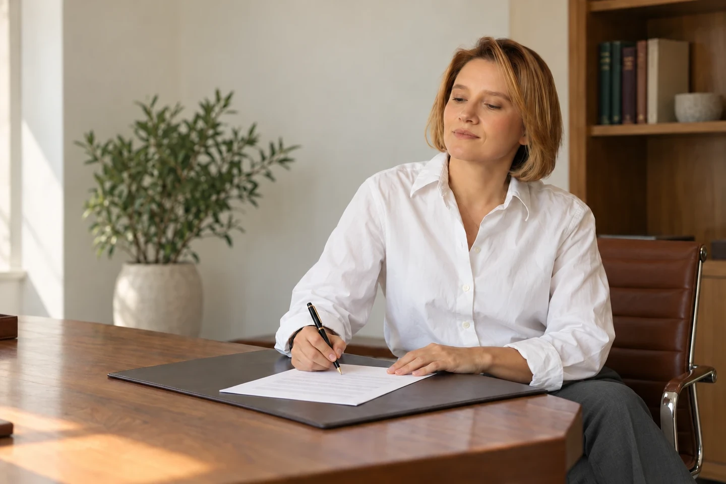 Yulia Noskova, real estate agent, at her desk with a document
